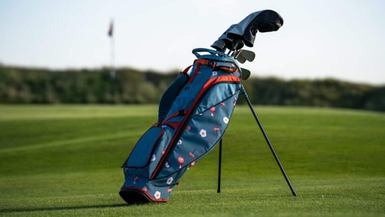 OGIO Ham and Eggs Design to Stand Out on Fairways OGIO Ham and Eggs stand golf bag positioned on a golf course fairway with built in stand legs