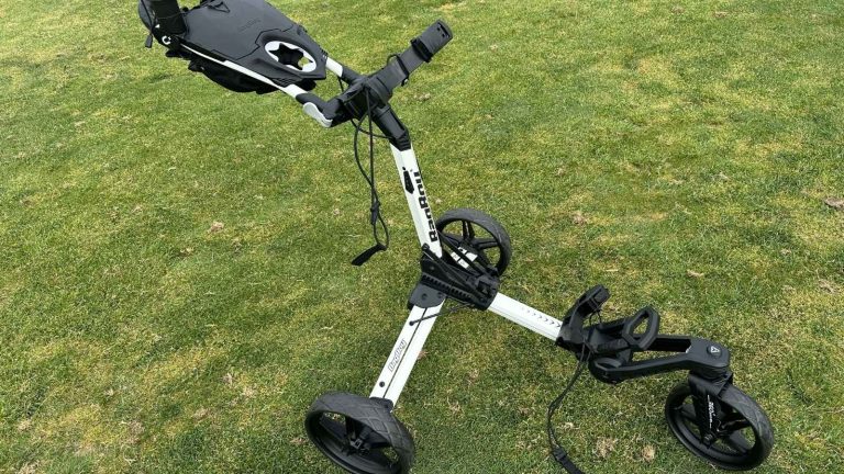 The Bag Boy Nitron Swivel Push Cart unfolded without a golf bag